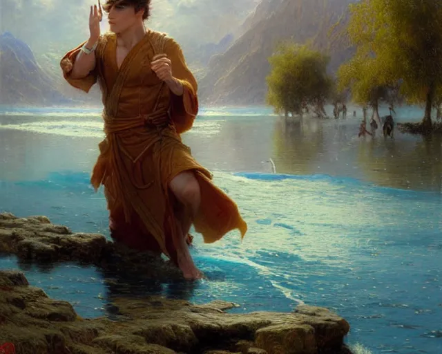 Image similar to attractive male wizard casting powerful giant tsunami spell in a beautiful lake. highly detailed painting by gaston bussiere, craig mullins, j. c. leyendecker 8 k