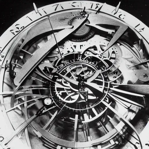 Prompt: albert einstein building intricate and complex clock time machine, vintage photograph