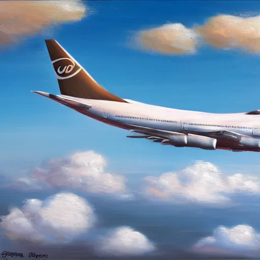 Prompt: boeing 7 4 7 in the clouds, oil painting, realistic, very detailed, 4 k