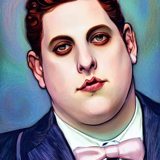 Image similar to an art nouveau streamline moderne portrait of jonah hill in the style of donato giancola and charles dulac and anna dittmann.