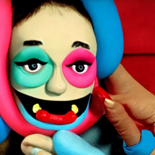 Image similar to !dream a woman wearing an inflatable mouth and holding a a hand puppet, technicolor, john waters, almodovar, expired color film, 1975