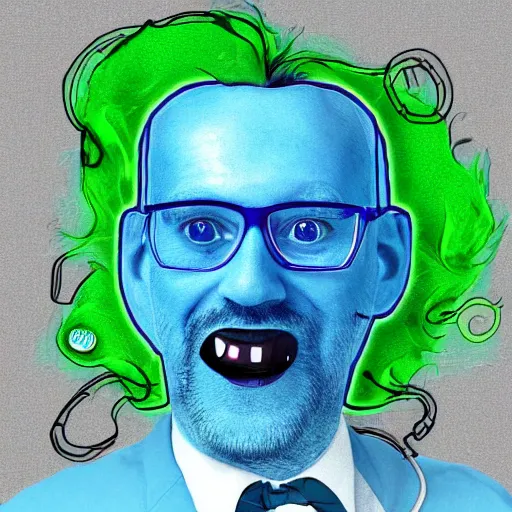 Image similar to drunk scientist called rick whit blue hair turning him self into a pickle during an experiment, digital art