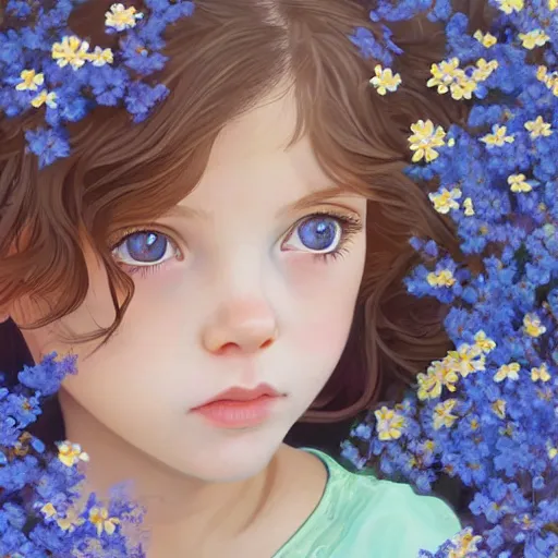 Image similar to a painting of a little girl with short wavy curly light brown hair and blue eyes, sitting in a field of flowers. beautiful detailed face line art by ilya kuvshinov and