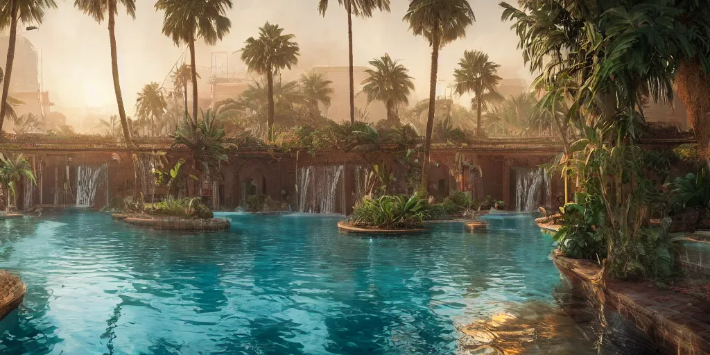 Image similar to beautiful pool waterfalls surrounded by palm trees, moroccan tile archways, industrial buildings, rusty metal towers, sun setting, ross tran, fantasy, james jean, peter morbacher, angelarium, alchemy, luxury, heavenly light, soft illumination, trending on artstation, cinematic lighting, digital painting, octane render, artgerm