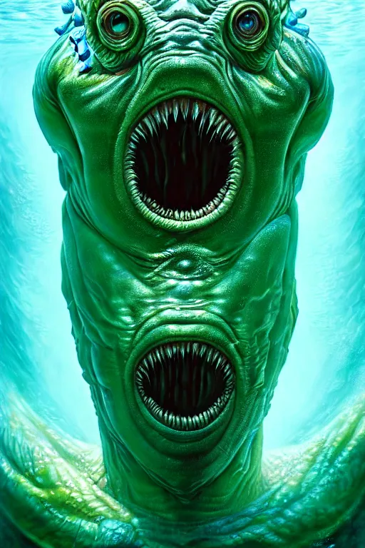 Image similar to hyperrealistic close-up surrealism underwater creature monster!! highly detailed concept art eric zener elson peter cinematic hard green lighting high angle hd 8k sharp shallow depth of field, inspired by David Paul Cronenberg and Zdzisław Beksiński