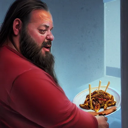 Image similar to portrait of a half fatman half pig with long hair tied in a ponytail, light stubble with red shirt eating kebab ,digital art,photorealistoc,art by greg rutkowski,hyperdetailed,western comic style,comic,comic style,sharp lineart,professional lighting,deviantart,artstation,trevor henderson,rossdtaws,cinematic,dramatic