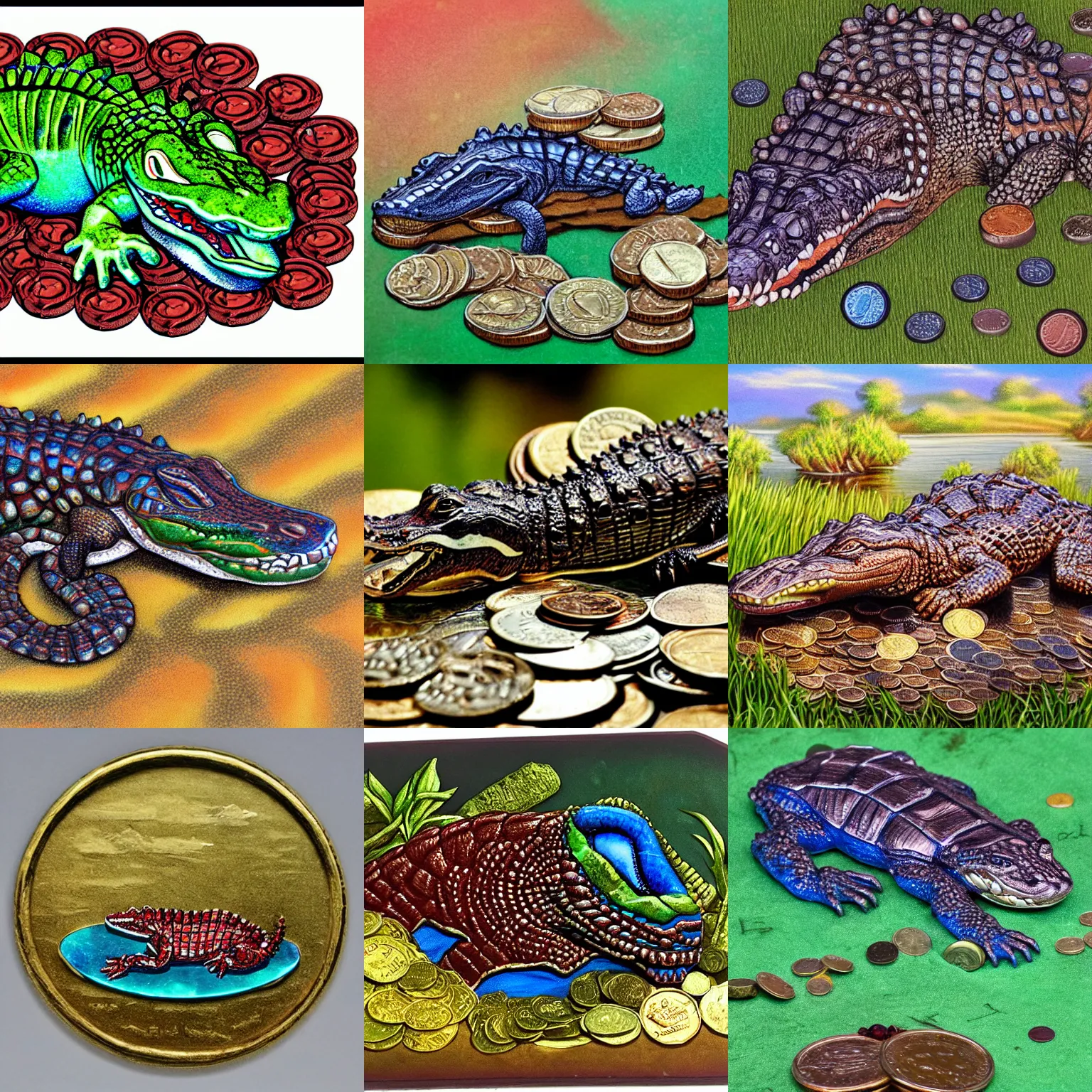 Prompt: gator sleeping on pile of coins and rubies, river, green, brown, blue, airbrush