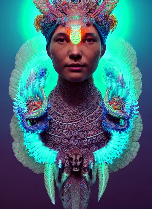 Image similar to 3 d goddess portrait, 8 k micro details global illumiantion beautiful intricate highly detailed quetzalcoatl skull and feathers. bioluminescent, fire, snow, water, wind, creature, thunderstorm! artwork by tooth wu and wlop and beeple and greg rutkowski, trending on artstation,