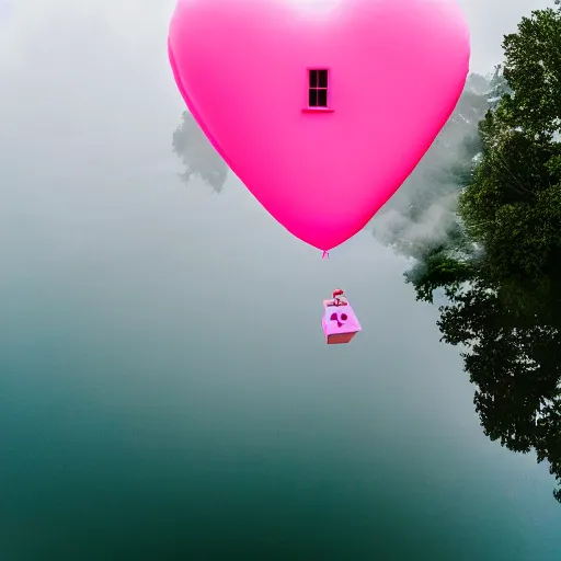 Image similar to a 5 0 mm lens photograph of a cute pink floating modern house, floating in the air between clouds, inspired by the movie up, held up from above by a heart - shaped ballon. mist, playful composition canon, nikon, award winning, photo of the year