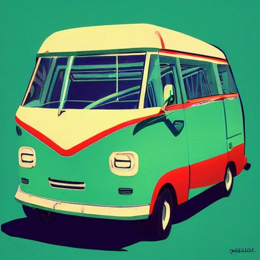 Prompt: retro painting illustration of a volswagen van, 2 d, pastel color, green, yellow, red, retro style art, trendy on artstation