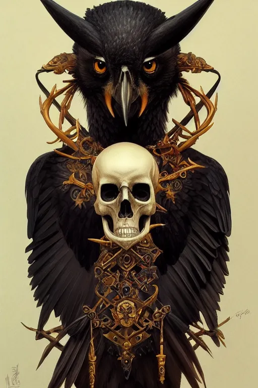 Image similar to painting of a crow sitting on a satanic skull, decorated, intricate, elegant, highly detailed, digital painting, artstation, concept art, smooth, sharp focus, illustration, art by artgerm and greg rutkowski and alphonse mucha, 8 k
