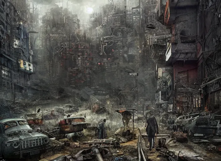 Prompt: an unbelievable dystopian scene, highly detailed, contrasting colours, dark