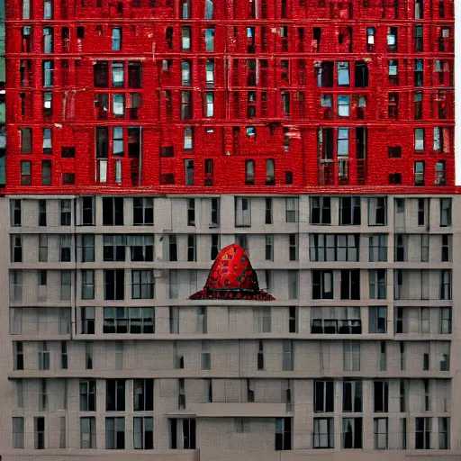 Image similar to a building of the shape of an amanita muscaria in the New York skyline, photorealistic