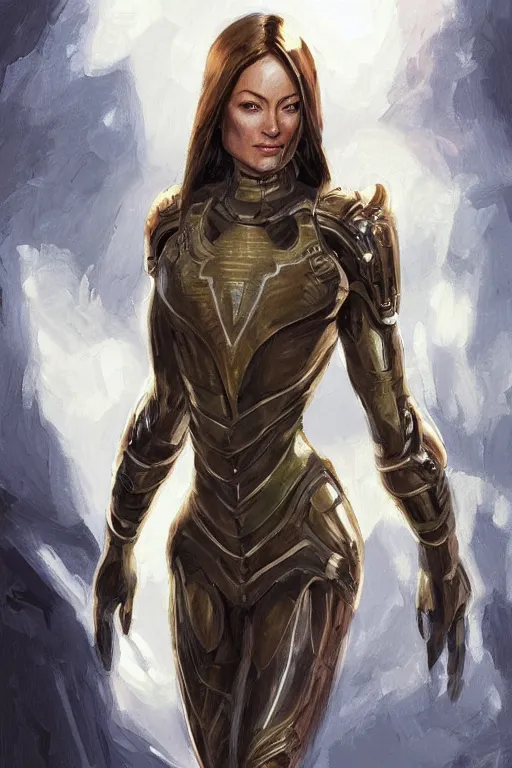 Image similar to a professional painting of a young Olivia Wilde, clothes in military armor, olive skin, long dark hair, beautiful bone structure, symmetrical facial features, intricate, elegant, digital painting, concept art, smooth, sharp focus, illustration, from StarCraft by Ruan Jia and Mandy Jurgens and Artgerm and William-Adolphe Bouguerea