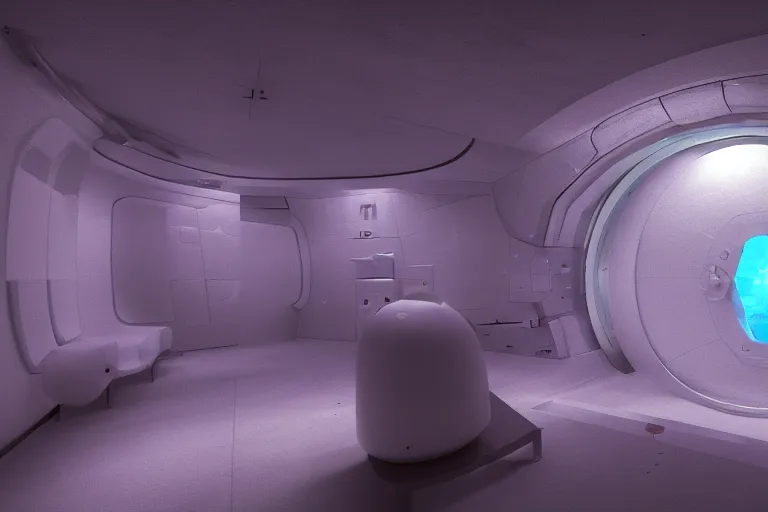Prompt: interior of cryogenic pods room inisde a spaceship, volumetric lighting, atmospheric