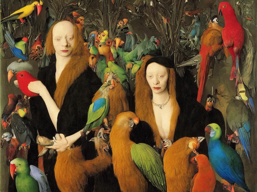 Image similar to Portrait of Meth addict with beautiful, exotic birds. Painting by Jan van Eyck, Audubon, Maria Sybilla Merian, August Sander, Rene Magritte, Agnes Pelton, Max Ernst, Walton Ford