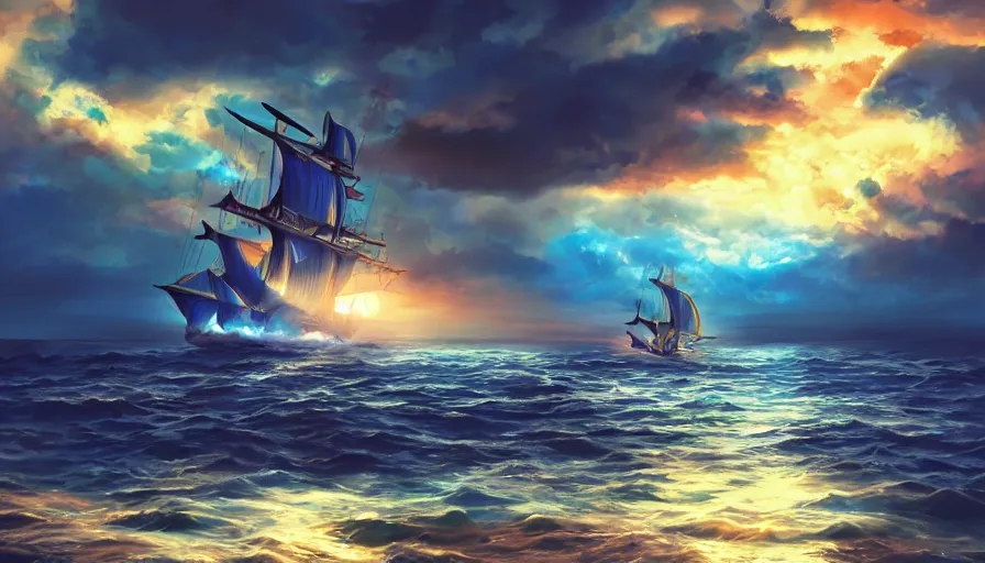 Image similar to one piece ship sailing, dark blue storm sky, sun sunset, with blue light piercing through clouds, makoto shinkai, royal blue colors, lighting refraction, volumetric lighting, pixiv art, highly detailed, anime art, symmetrical, wlop, anime art