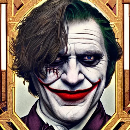 Image similar to [Gerard Depardieu as the Joker as president of France!, closeup, D&D, intricate, elegant, highly detailed, digital painting, artstation, concept art, matte, sharp focus, illustration, art by Artgerm and Greg Rutkowski and Alphonse Mucha]