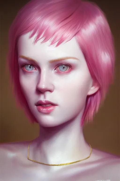 Image similar to Portrait of a beautiful pale skin Nordic female with short pink hair, elegant, photorealistic, highly detailed, artstation, smooth, sharp focus, gold ornaments, neon lighting, sci-fi, art by Klimt.