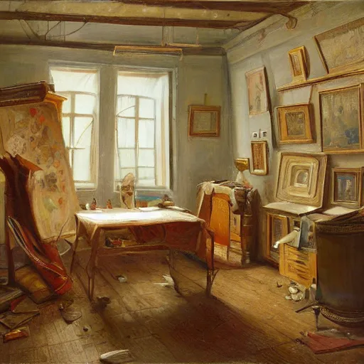 Image similar to painting of the room of an artist, very detailed