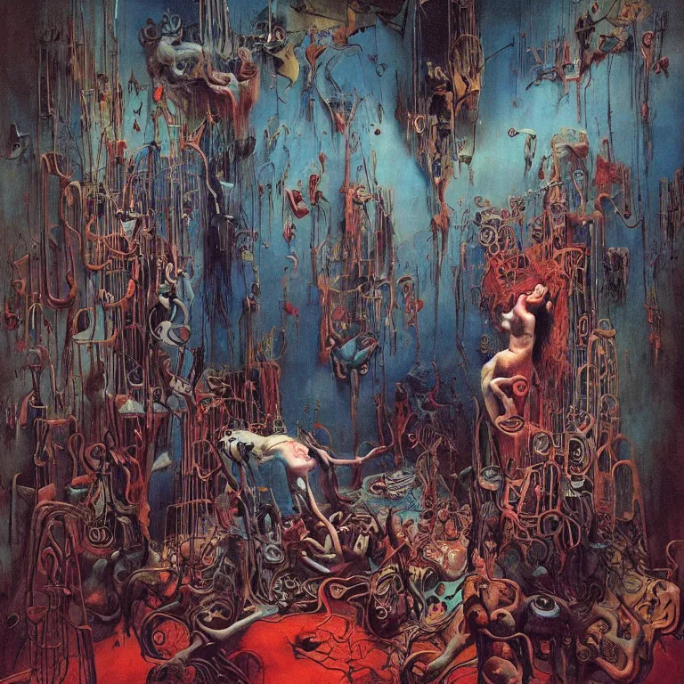 Image similar to room of chaos by salvador dali, dark art by james jean, zdzislaw beksinski, abstract surrealism, deep rich colors, masterpiece