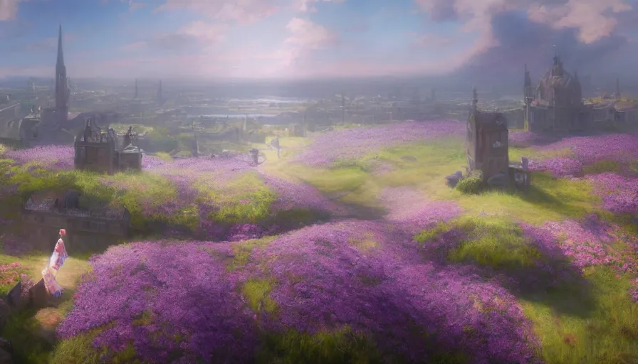 Prompt: landscape painting drone shot of violet evergarden facing away standing on a distant colorful flower hill, behind it a distant old european city leiden, ocean, sunshine, fantasy, intricate, elegant, highly detailed, digital painting, artstation, blender, unreal engine 5, octane render, smooth, sharp focus, illustration, by greg rutkowski