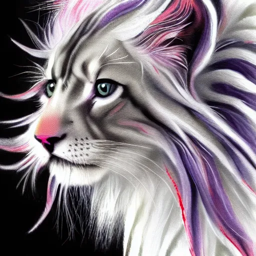 Image similar to cute fluffy grey tabby kitten with long colorful flowing lion mane with mohawk hairstyle hybrid animal detailed painting 4 k