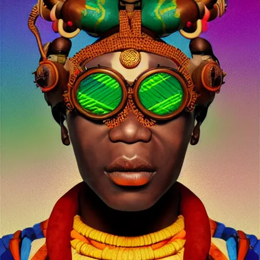 Image similar to colourful vfx upper half - portrait - art of a african tribal chief wearing steam punk goggles, art by utagawa kunisada & james jean, symmetrical, intricate detail, concept art, volumetric light, ray tracing, caricature, digital illustration, digital painting, octane 3 d render, unreal engine, sharp, pinterest, behance, art station,