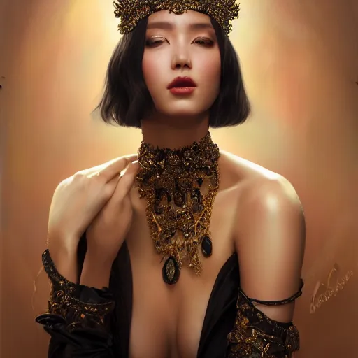 Prompt: expressive oil painting, of alluring european princess, seductive look, smooth glowing skin, glistening body, love, adoration, ornate headpiece made from black beads, choker, earrings, glamour shot, by yoshitaka amano, by greg rutkowski, by jeremyg lipkinng, by artgerm, digital art, octane render, black dress