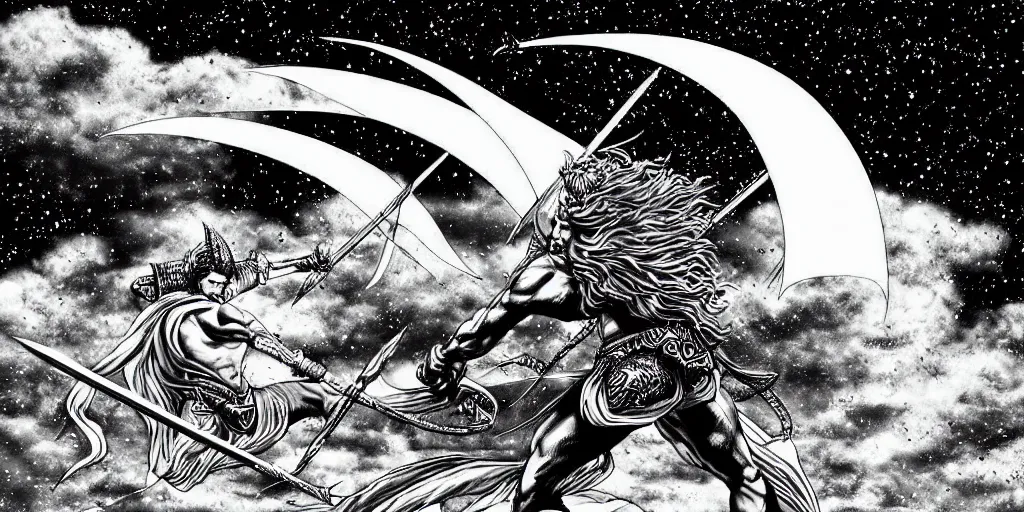 Image similar to archer. dragon. night sky. moon. mountain. dark fantasy. epic fight. detailed. digital art. black and white. by kentaro miura