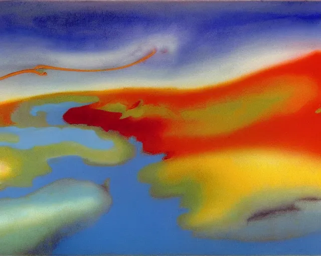 Prompt: Ocean waves in a psychedelic dream world. DMT. Curving rivers. Zao Wou-ki. Yves Tanguy.