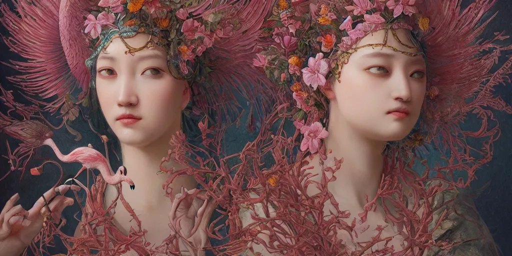 Image similar to breathtaking detailed concept art painting of the goddess of flamingo, orthodox saint, with anxious, piercing eyes, ornate background, amalgamation of leaves and flowers, by Hsiao-Ron Cheng and John James Audubon, extremely moody lighting, 8K