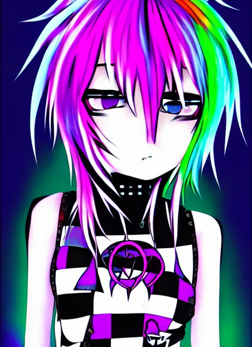 Image similar to emo anime girl, scene, rainbowcore, vhs monster high, glitchcore witchcore, checkered spiked hair, pixiv