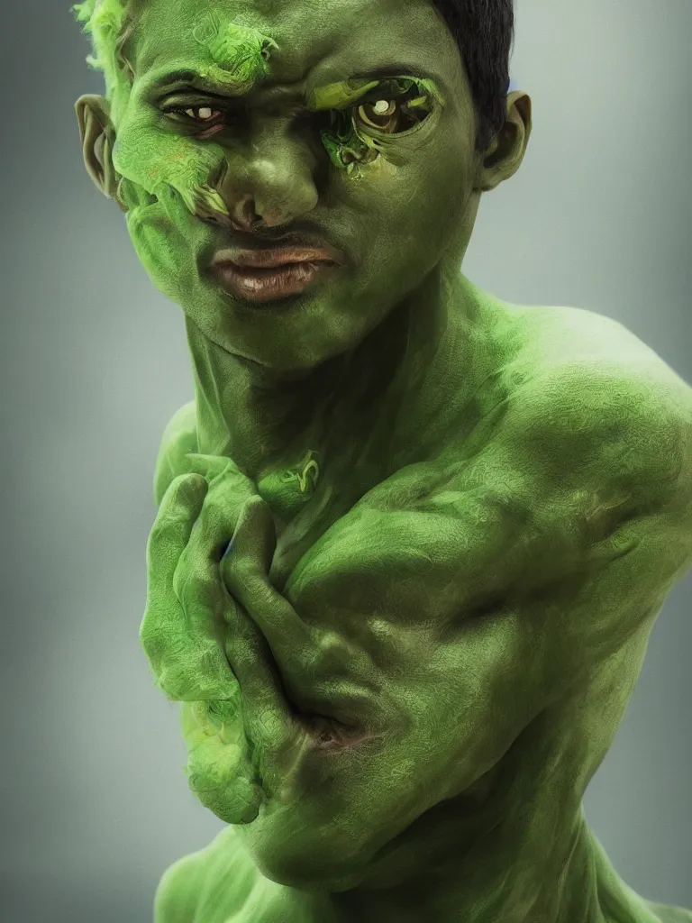 Image similar to selfie of a man, green skin, studio photoshot, 2 eyes, unknown race, cinematic, cosmic background, high quality, cgsociety, artgerm, 4 k, uhd, 5 0 mm, trending on artstation