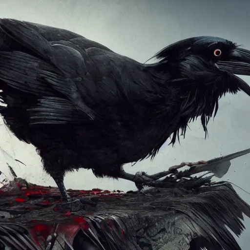 Image similar to a raven made of bloody saws, ultra realistic, concept art, intricate details, highly detailed, photorealistic, octane render, 8 k, unreal engine, art by frank frazetta, simon bisley, brom