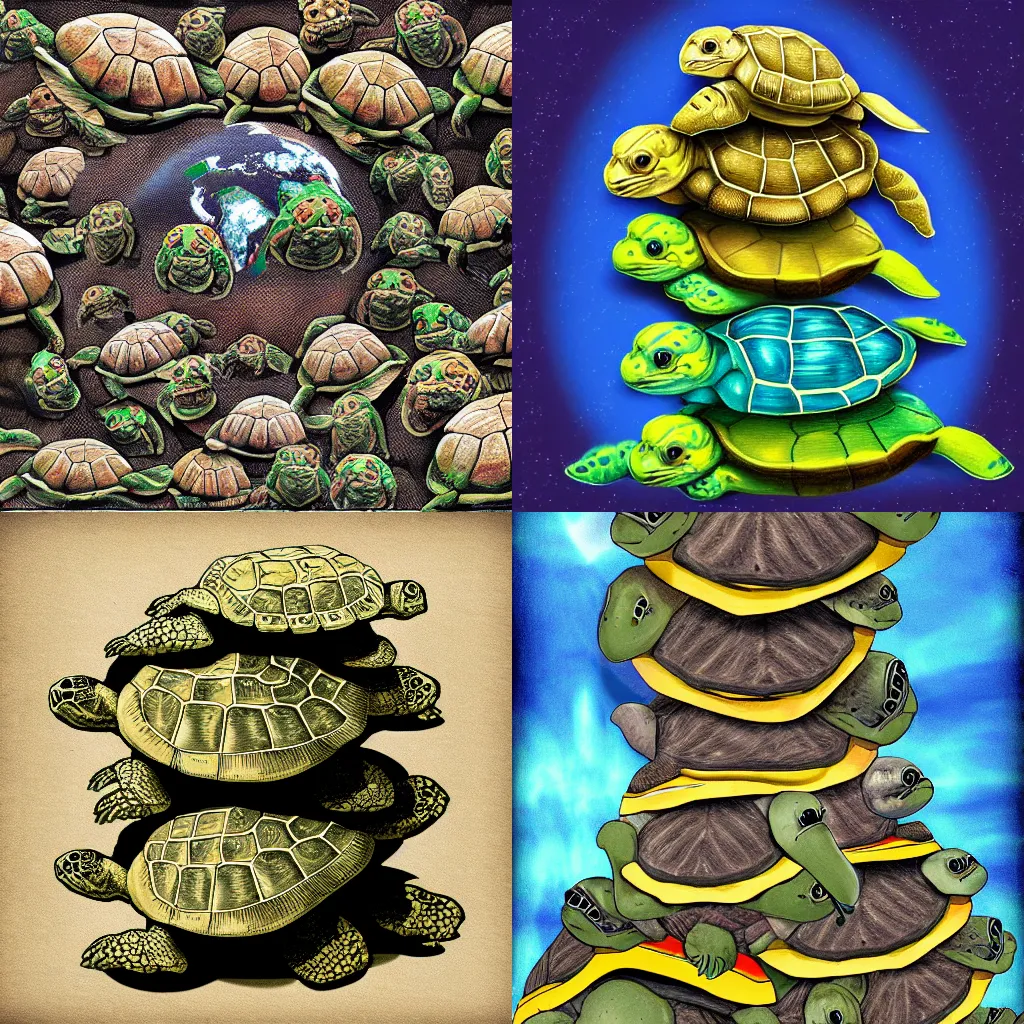 Prompt: a stack of turtles with a flat earth on top, digital art
