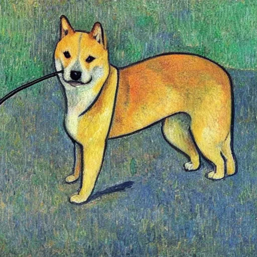 Prompt: a shiba inu with headphones ， oilpainting, post - impressionism, cezanne, gaugin, van gogh, seurat ， - h 7 6 8