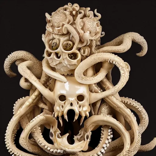 Image similar to an intricately detailed carving in an human - octopus skull, rococo ornate bone and ivory sculpted skull with teeth and tentacles, horror, artifact, micro detailed, inscribed with occult symbols, otherworldly