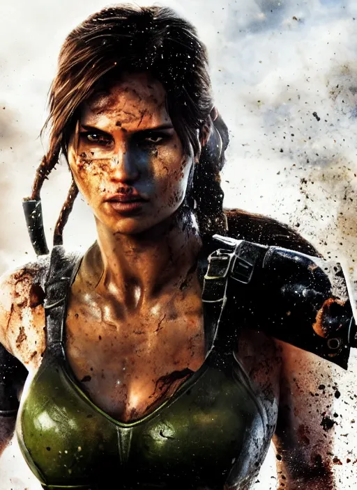 Image similar to a film still of lara croft as batgirl, her face muddy and sweat, direct sun light, close up potrait, cinematic,