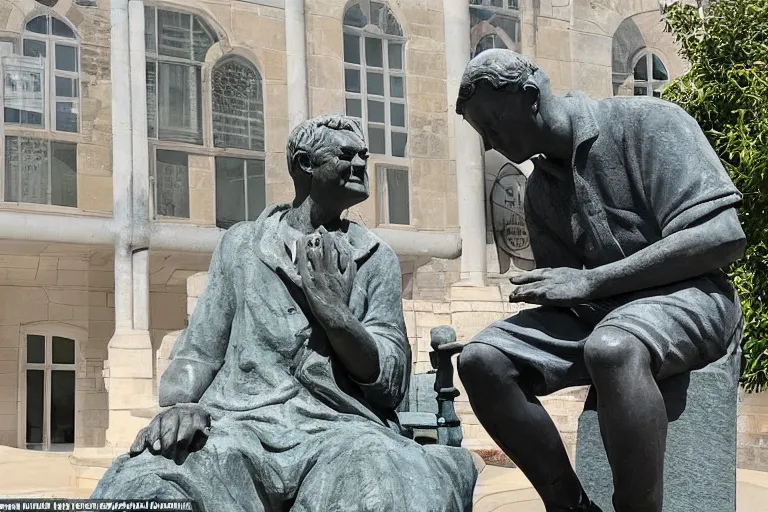 Image similar to a man who is sitting upright in a chair is touching a completed statue