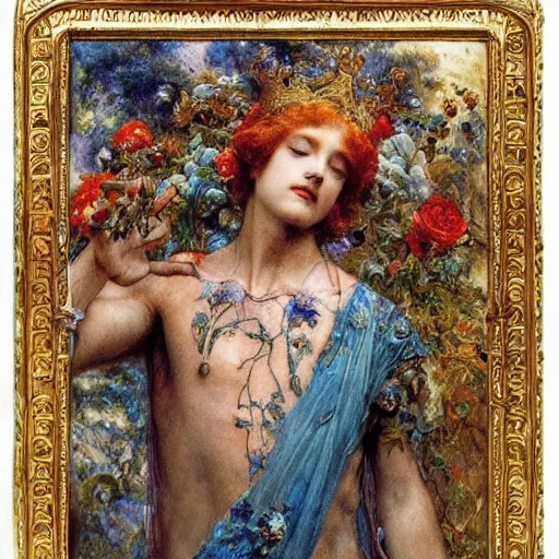 Image similar to coronation of the flower prince, by Annie Swynnerton and Gaston Bussière, embroidered brocade, tattoos, elaborate costume, geometric ornament, symbolist, rich colors, dramatic lighting, smooth, sharp focus, extremely detailed