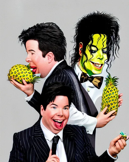 Image similar to Michael Mcintyre & white Michael Jackson eating pineapples in a nightclub,real life skin, intricate, elegant, highly detailed, artstation, concept art, smooth, sharp focus, photo