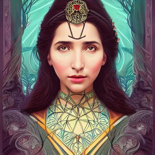 Prompt: head-on symmetrical centered painted portrait, Mahira Khan as a D&D wizard, art nouveau, tarot card style, medieval robes, fantasy, intricate, elegant, highly detailed, smooth, sharp focus, illustration, artstation, in the style of Artgerm and Anna Podedworna and Alex Ross and Mucha