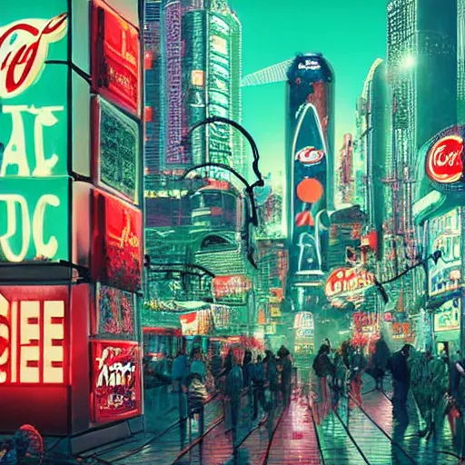 Prompt: a cyberpunk city with crazy illuminated coca - cola and apple signs