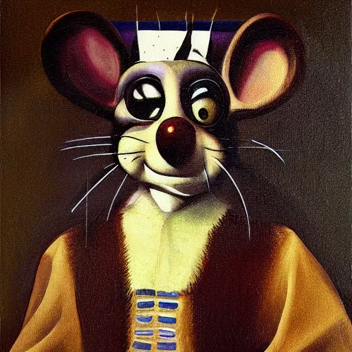 Image similar to realistic painting of chuck e. cheese, in the style of johannes vermeer