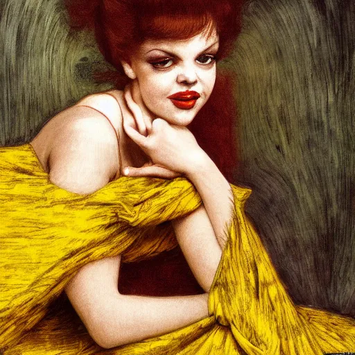 Image similar to hybrid of judy garland and lady gaga, brown fringe, large full hollywood lips, large downslanted eyes, reclining cool stylish, yellow ochre ornate medieval dress, john william waterhouse, kilian eng, rosetti, john everett millais, william holman hunt, william morris, 4 k