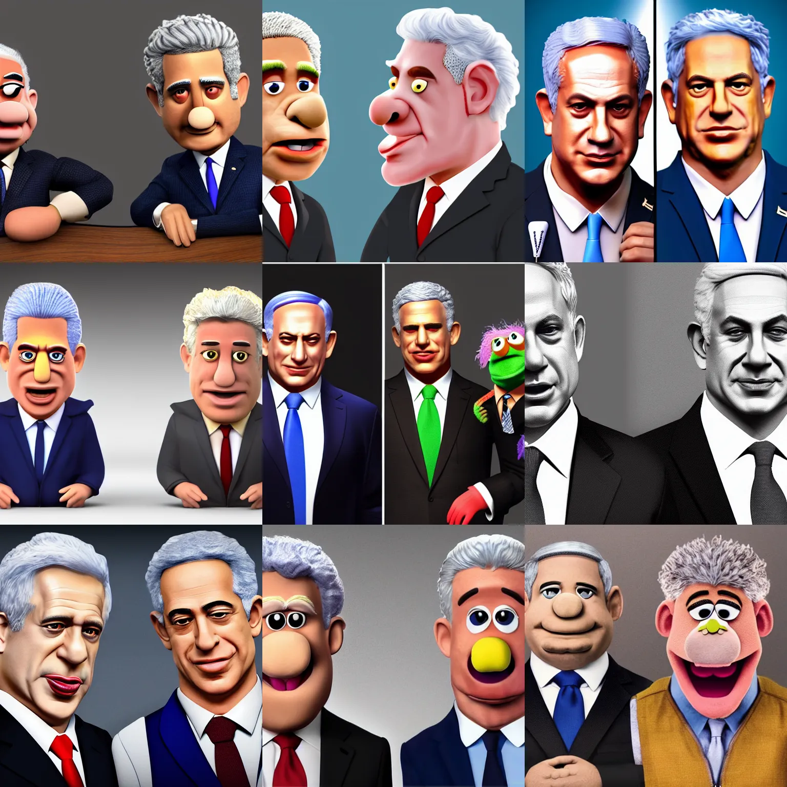 Prompt: Benjamin Netanyahu and Yair lapid as muppets, gorgeous lighting, trending at artstation, highly detailed, photorealistic, hyperrealism, 8k