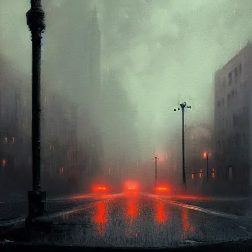 Image similar to A dark painting of a city shrouded in fog and illuminated by red streetlights, abandoned buildings, view from the street, by Greg Rutkowski, trending on artstation