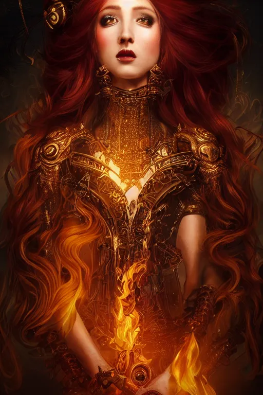 Prompt: a beautiful image of a young woman, steampunk Chandra queen of fire, big google over head, long flowing hair of fire, steampunk costume mostly red and gold young female face, cinematic top lighting, insanely detailed and intricate, face by wlop, Charlie Bowater, golden ratio, symmetric, elegant, ornate, luxury, elite, matte painting, cinematic, trending on artstation, dewviantarta and cgsociety, 8k, high resolution