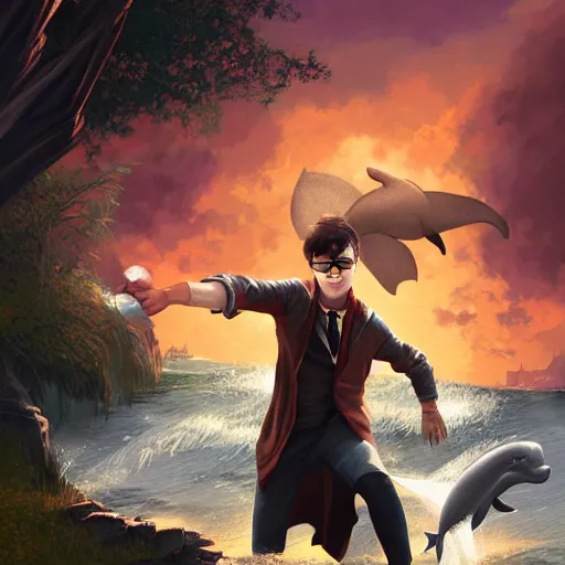 Prompt: Harry potter fighting a dolphin digital art in the style of Greg Rutkowski and Craig Mullins, 4k